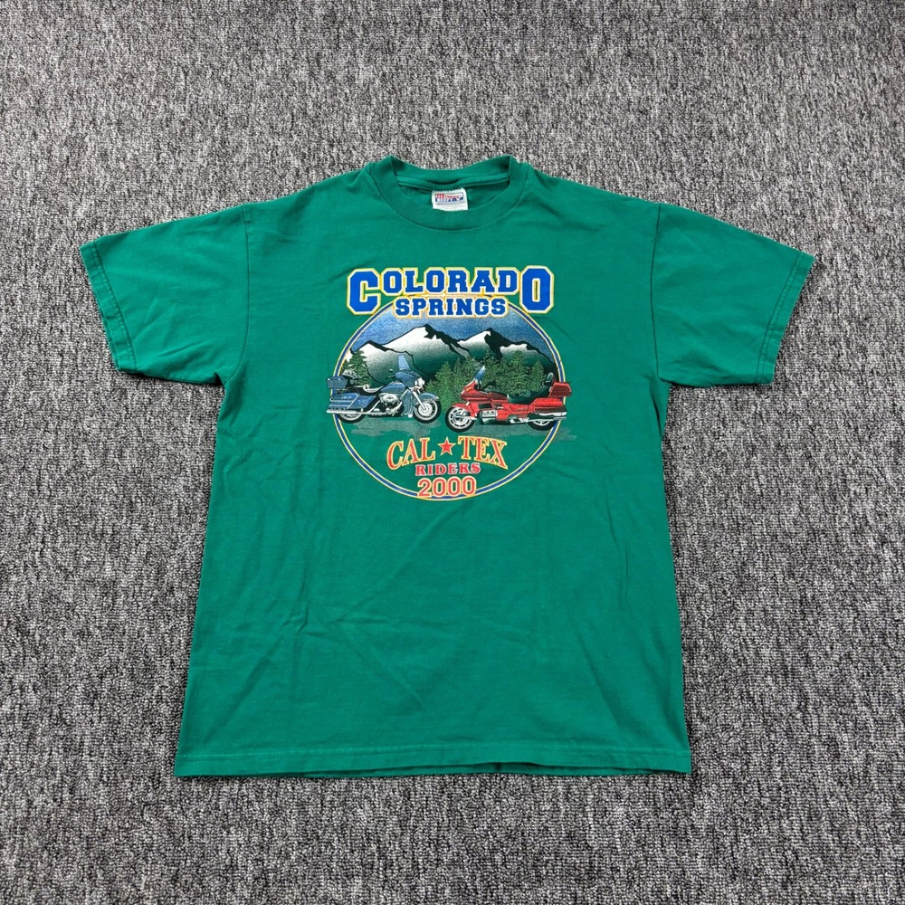 Vintage Nature Y2K Hanes Colorado Springs Motorcycle Biker T-Shirt Green Medium